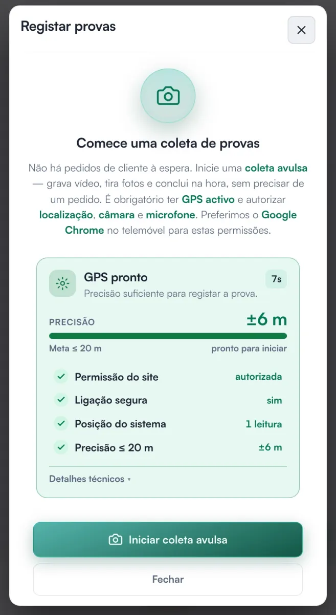 Foto com data e GPS: tela da Prova Protegida com GPS pronto, precisão de ±6 m, antes de iniciar a coleta no local