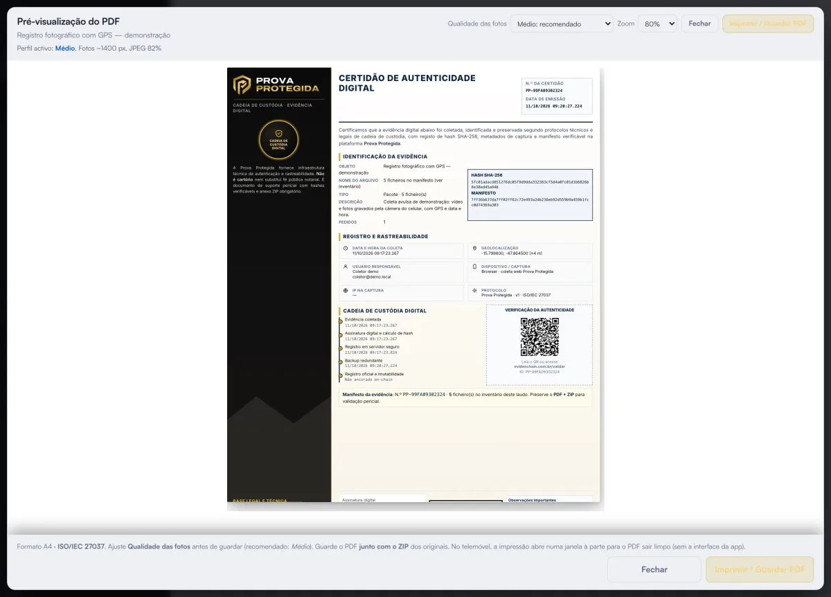 Alternativa complementar à ata notarial online: certidão de autenticidade do relatório de prova digital com hash e QR de verificação