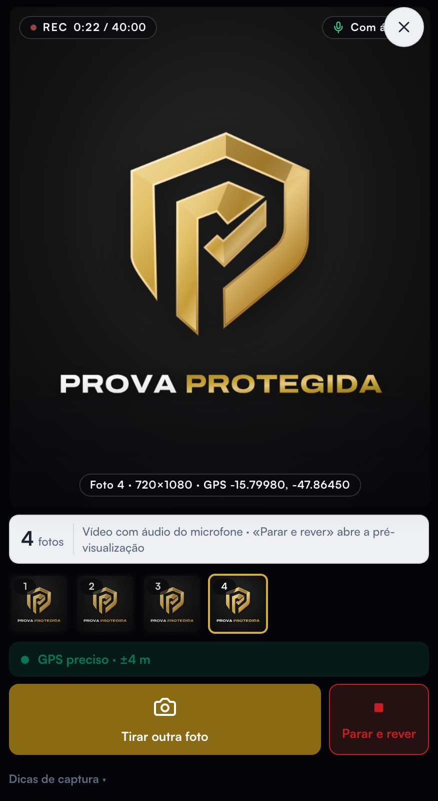 Câmera gravando com contador REC, tira de fotos e selo de GPS preciso