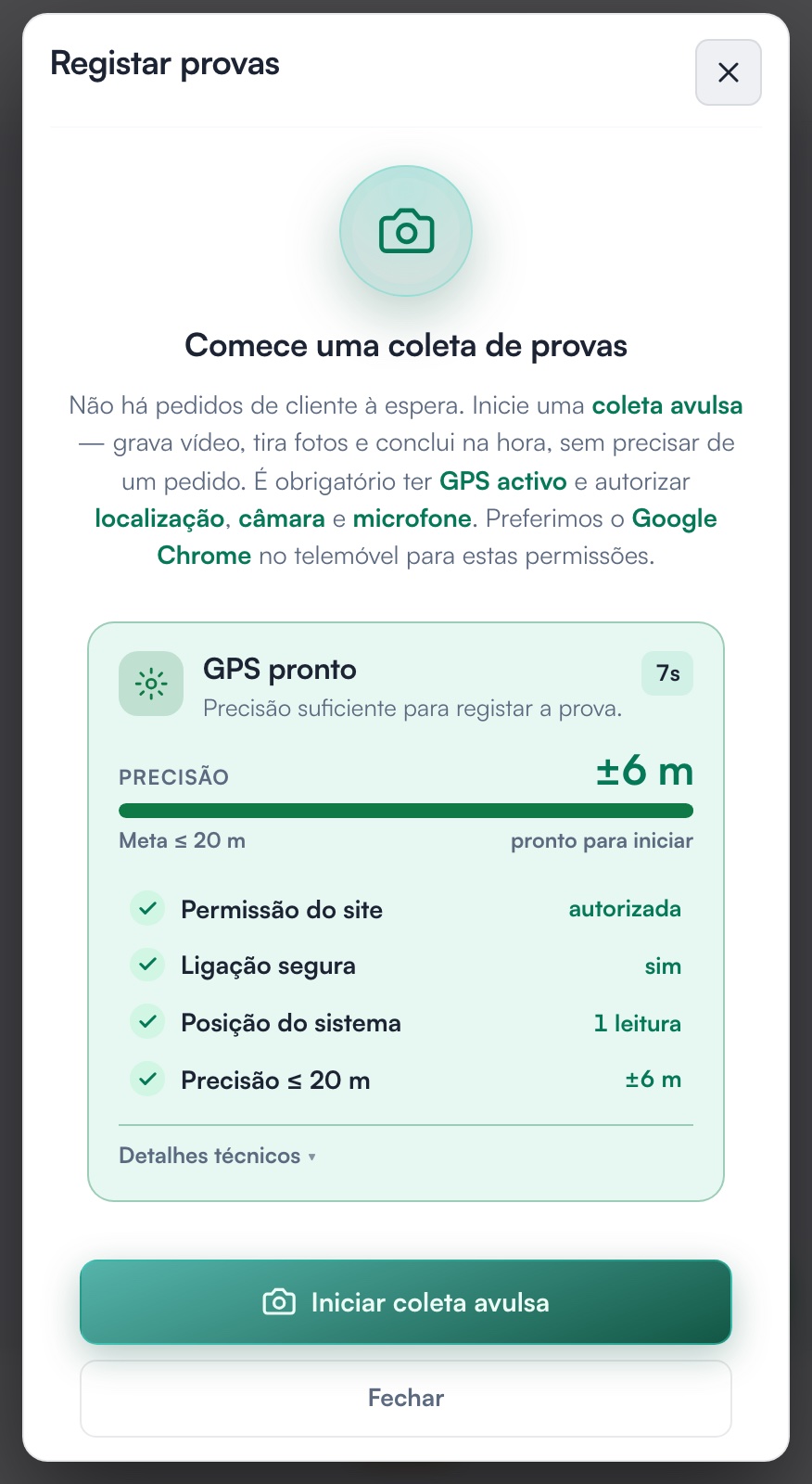 Coleta no celular com o GPS confirmado a 6 metros de precisão