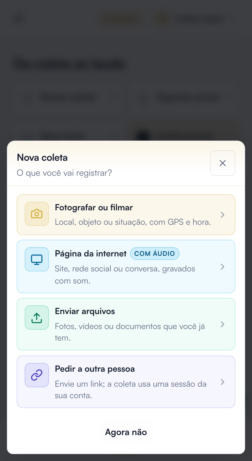 Modal de escolha do modo de coleta no celular