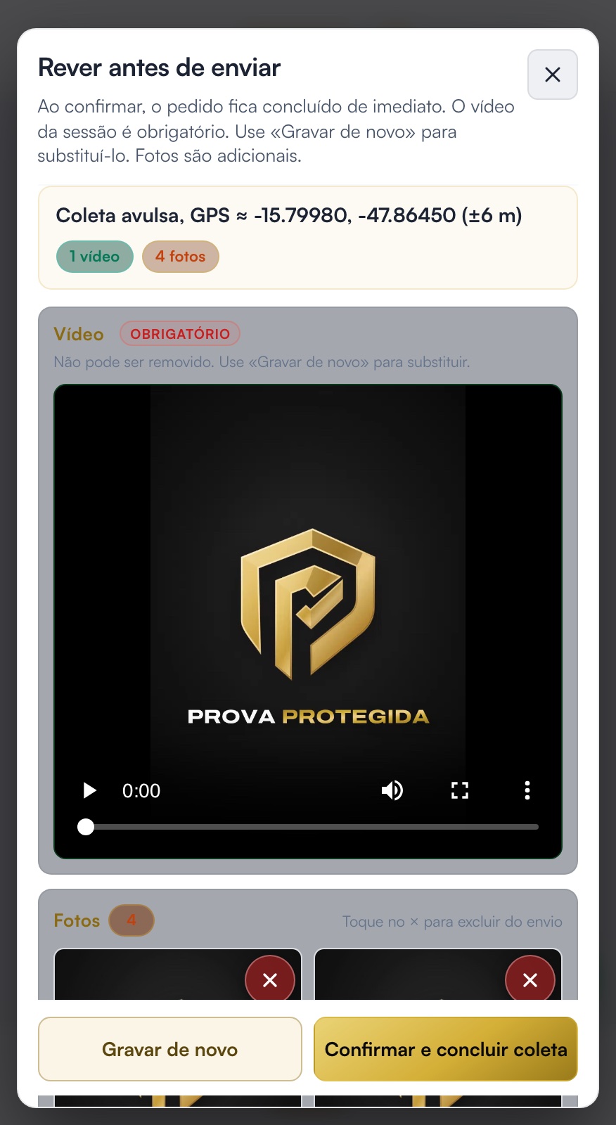 Tela de revisão com o vídeo da sessão e as fotos antes do envio