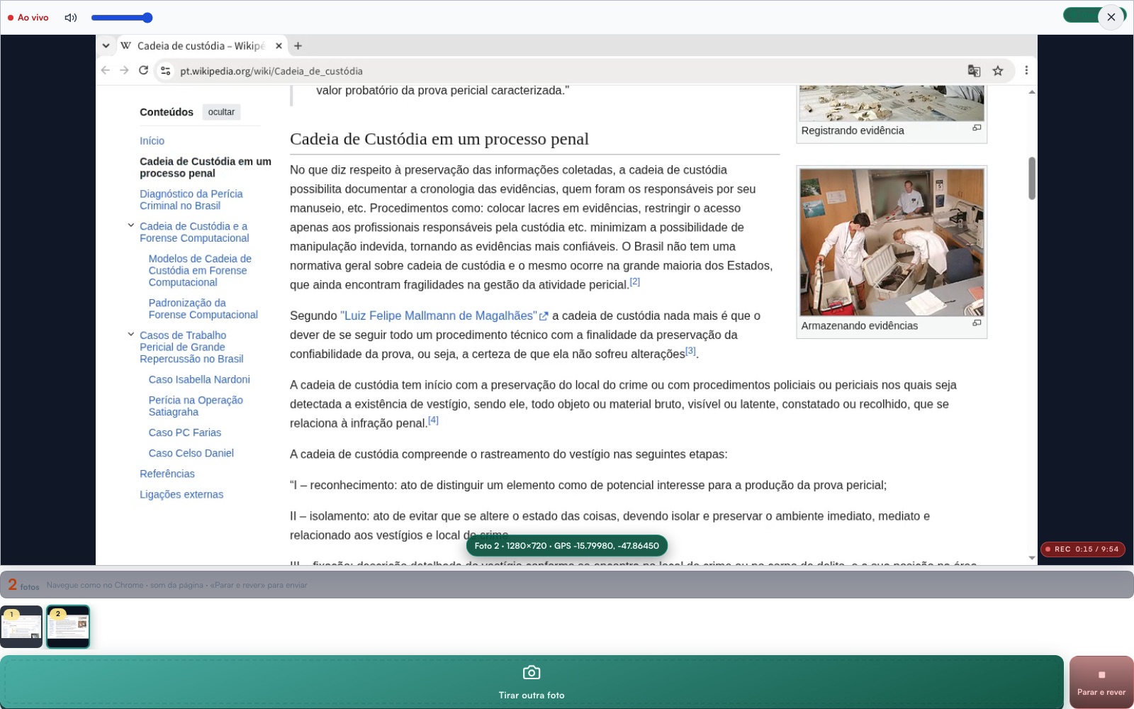 Navegador remoto gravando ao vivo um artigo público, com indicador REC e fotos tiradas na sessão
