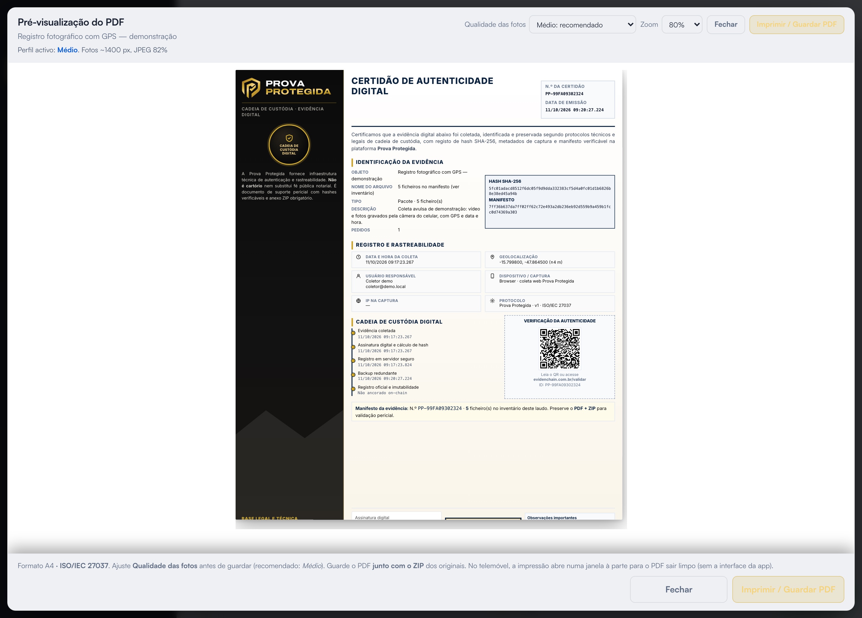 Relatório técnico em PDF com cadeia de custódia e hash